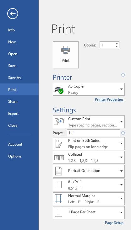 Printing 1. Click on the File tab. 2. Click on Print. It will automatically show a print preview of your document. If you are printing at the Bartlett Public Library, there is a charge of 15 per page.