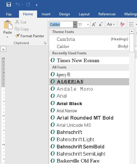 Font Formatting The default font used for most Word documents is Calibri (Body), point size 11. There may be times when you would like to switch to a different font. 1. Select the text Dear Manager at the beginning of your document.