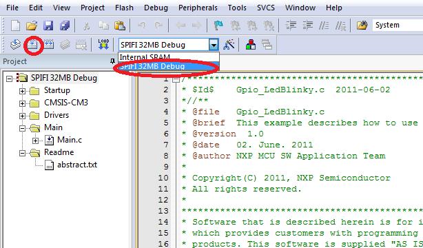 . Steps to execute the sample project in External Quad Flash (SPIFI 32MB Debug): Step 1: Select SPIFI 32MB Debug Option and click on build