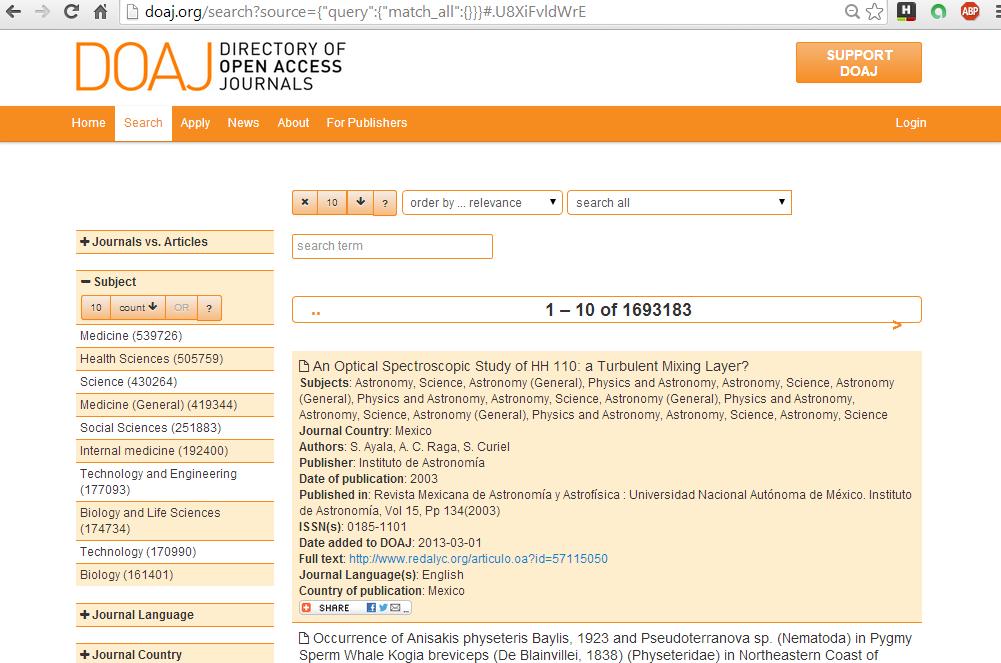 Displayed is the Search page of DOAJ - the gateway to almost 10,000 OA journals and 1.