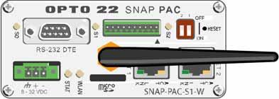 SNAP-PAC-S1-W Connectors and Indicators (Wired+Wireless) Wireless LAN antenna Controller reset button Activity LED (Yellow) DIP switches for RS-485 serial link Bias Termination Port 2 for RS-485