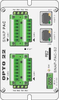 SNAP-PAC-S2 Connectors and Indicators Serial activity LEDs Activity LED (Yellow) Link LED (Green) Ports 0-3 are each software configurable as either RS-232 (TX, RX, COM, DTR, DCD RTS, CTS), or RS-485