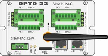 SNAP-PAC-S2-W Connectors and Indicators (Wired+Wireless) Wireless LAN antenna Serial activity LEDs Ports 0-3 are each software configurable as either RS-232 (TX, RX, COM, DTR, DCD RTS, CTS), or