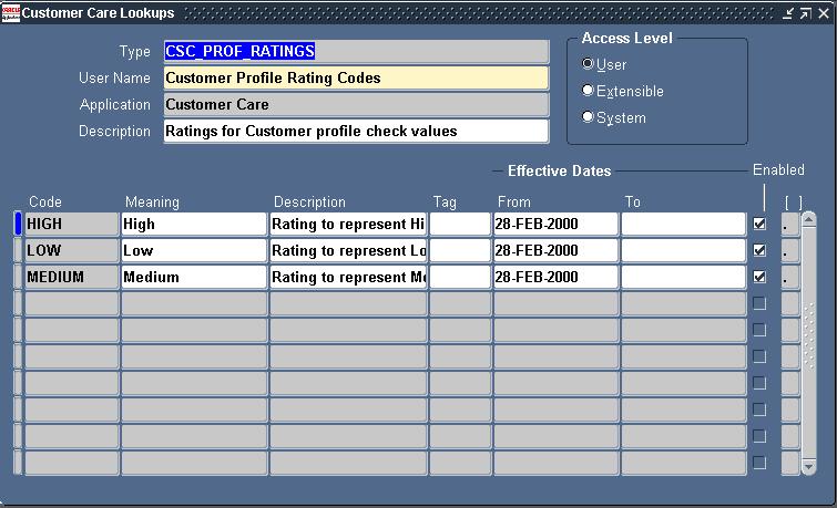 Setting Up Customer Profile 3. Verify that the Enabled check box is selected. 4. Click Save. Note that you must create rating codes before you can use them in the Customer Profile setup windows.