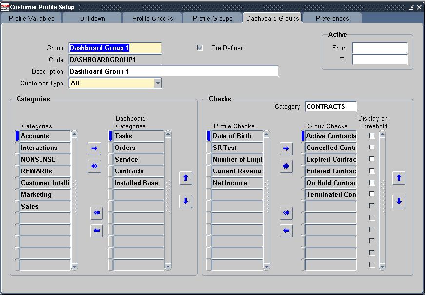 Setting Up Customer Profile 6. In the Categories section, select the categories for the dashboard category.