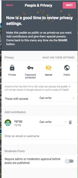 h. In the Privacy Settings you will leave it on Secret, and if you have a partner you can add them as a contributor by adding their email address.