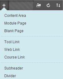 Add Menu Item drop-down list Course Menu Components Type Content area Blank page Tool link Course link Web link Module page Subheader Divider Description You create, link, and manage them on the
