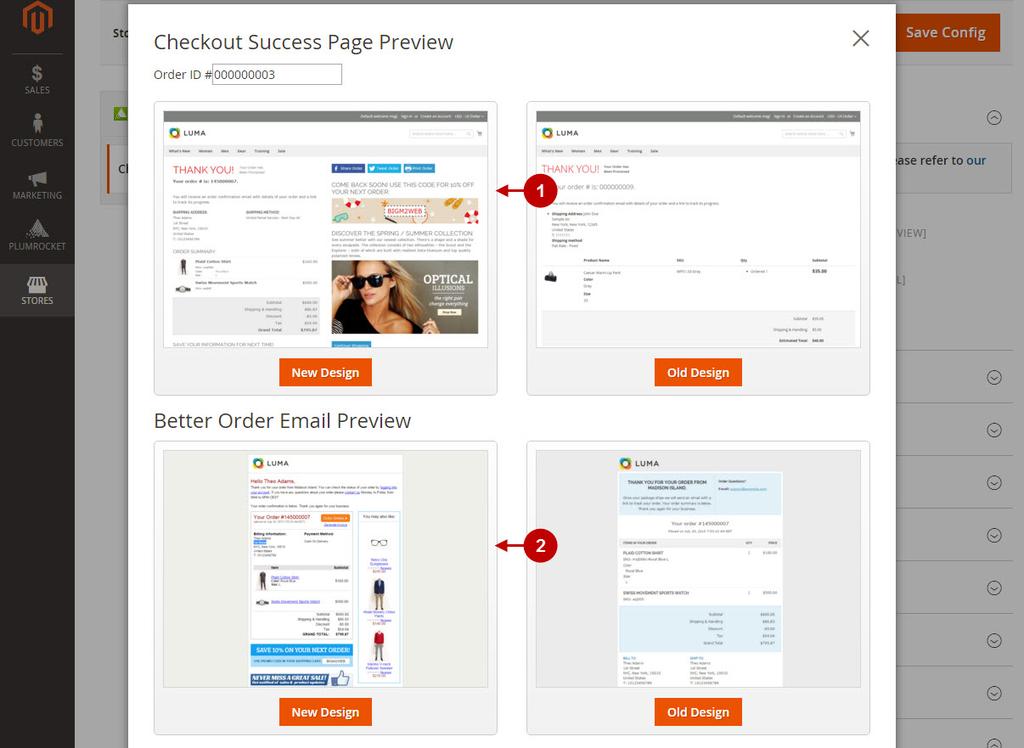 1. To test your changes, you can preview your Checkout Success Page by pressing the "Preview" button. 2. Once all the changes have been done, press the "Save Config" button. 1.