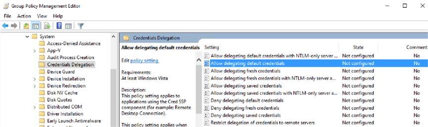 Right click and edit Allow delegating default credentials Select Enabled and click on the