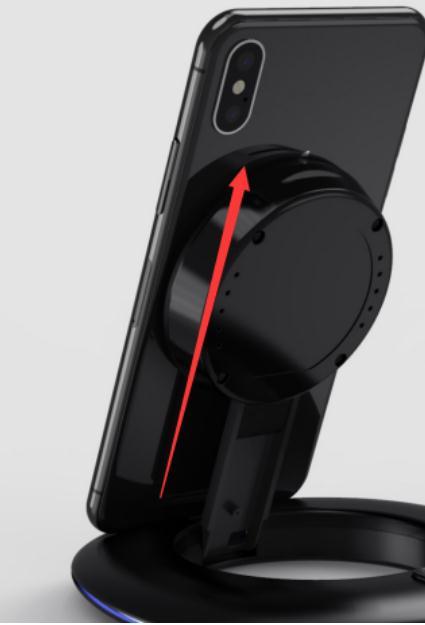 3. mobile phone vertical charging Connect the wireless charger, eject the launcher and adjust the height to align the