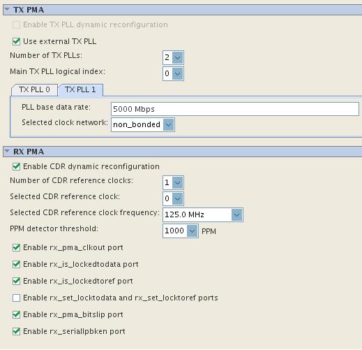 Figure 4: TX PLL and RX PMA settings in Native PHY IP 7. This option remains checked 2. You can change the TX PLL setting in this field. In this example, you set it to 5,000 Mbps 3.