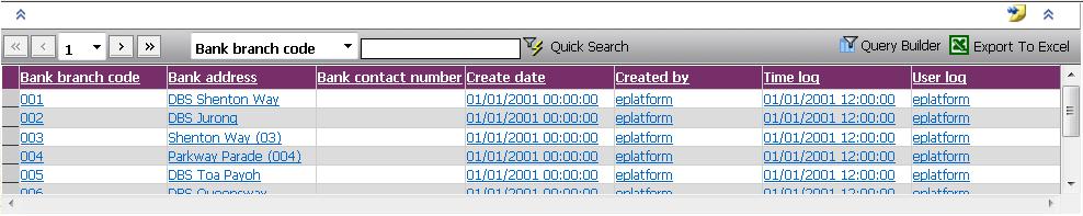 A typical browse screen constitutes of titled columns and rows of stored data. A sample of a browse screen is shown below.