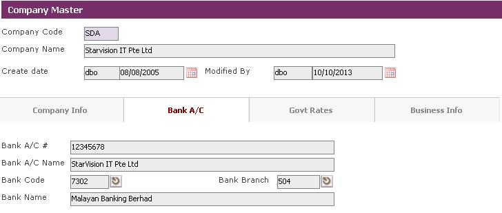 Bank A/C Tab This tab is to store details on Company/Employer s Bank account.