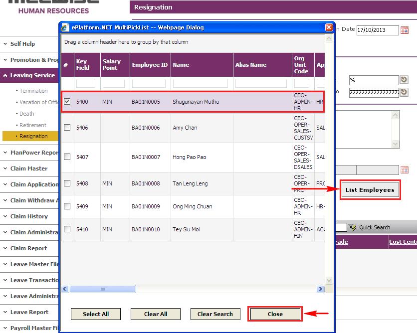 Click on the List Employees button to view all Employees with their retirement dates and the filtering defined at the Organisation Unit, Job Family, Grade, Appointment From and Appointment To.