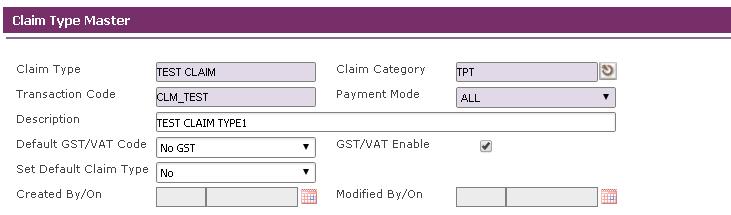 To Add the Claim type click on the Tool bar Add button, Claim Type screen load in Add mode. Enter the values in the corresponding fields Claim Type, Claim Category, Transaction code, Payment mode etc.