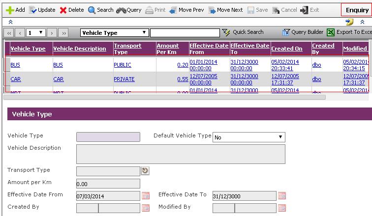 7.9 Vehicle Master The purpose of this module is to allow users to setup the different type of vehicle types which are used during transport claim transactions.