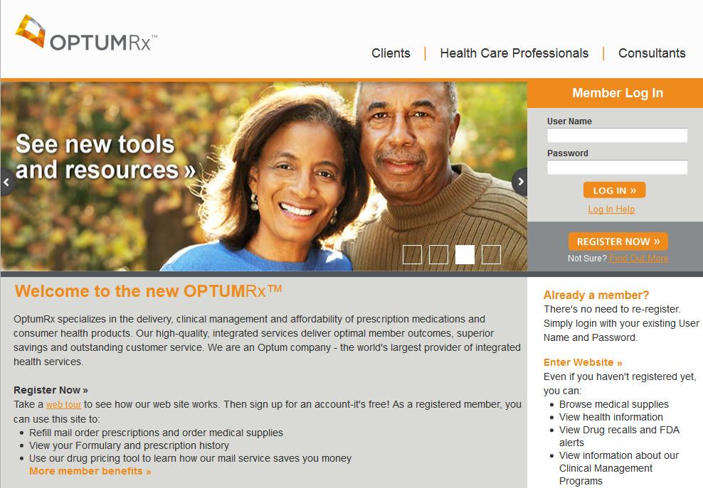 Website Home Page At the OptumRx website home page you can view general health information, log in with a user name and password or register. Log In Members can log in from the home page.