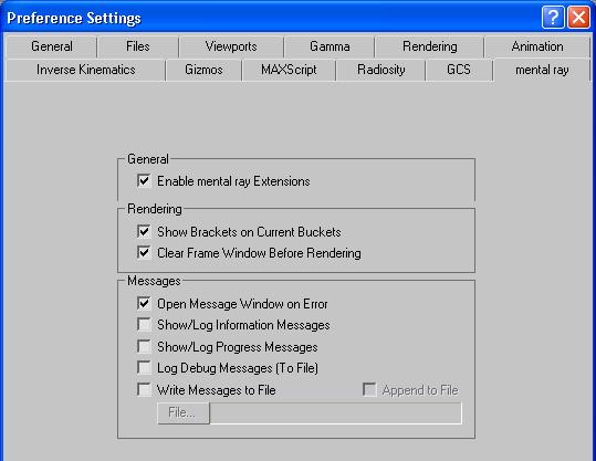 Preferences Dialog Box The last interface change we ll discuss is the Preferences Dialog box. Found under the customize pull down menu, this is where you choose overall general Mental Ray settings.