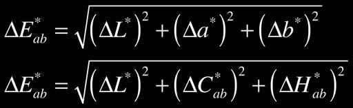 Quality Metrics Color Difference Formulas Delta E 2000 CIELAB Delta E ΔL ' 2 + ΔC ' 2 ab S ΔE 00 = L S C ' ' ΔC +R ab