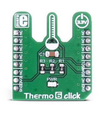 Thermo 6 click PID: MIKROE-2769 Thermo 6 click is a precise and versatile ambient temperature measurement click board, based on the Maxim Integrated MAX31875 temperature sensor.