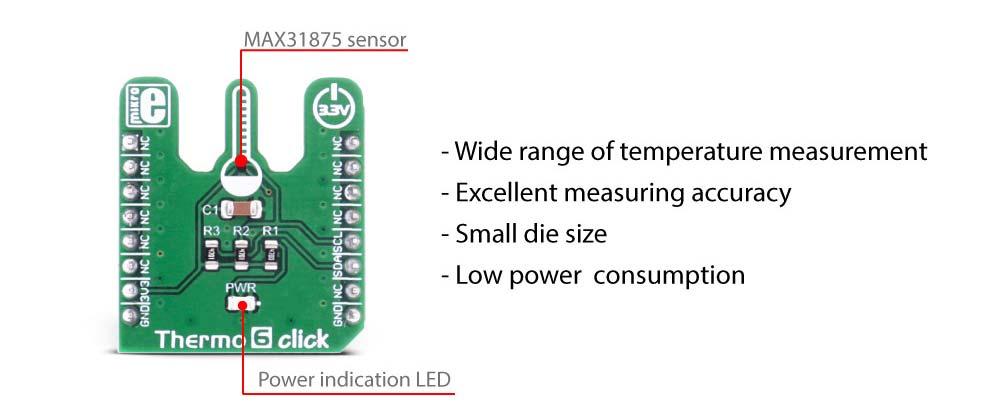 How the click works The central part of the Thermo 6 click is the MAX 31875 sensor, which has only four connections, two of which are used for the power supply and the other two are the standard I2C