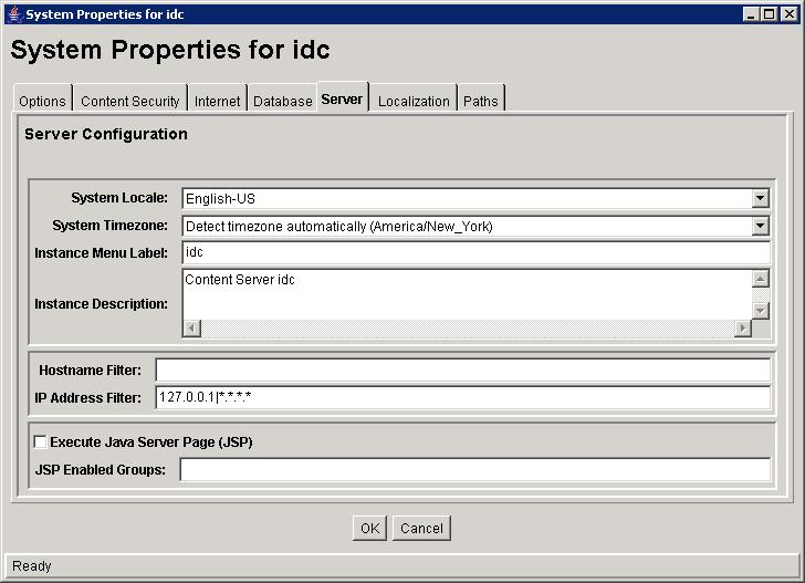 To configure Oracle UCM 10g to allow access from the Coveo server 1. Using an administrator account, connect to the Oracle UCM server. 2. Start the System Properties Oracle UCM utility: a.