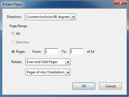 2 From the Direction menu, choose Counterclockwise 90 Degrees. 3 Select Pages, and make sure the rotation will affect only page 1 to 1. Then click OK.