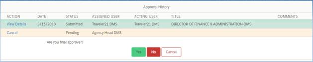 4. Cancel Button When the Approver clicks the Cancel button, the approval action will be canceled, and the screen will return to the trip form.