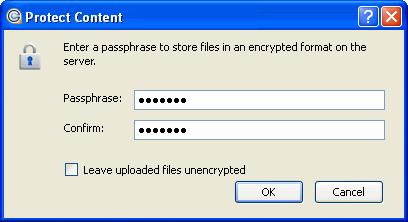 You can enter the passphrase in the text field, or check Leave uploaded files unencrypted to proceed