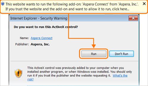 6 Setting Up You will then encounter a security warning when Connect Server or Faspex Server attempts to launch Aspera Connect.