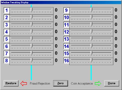Each coin position consists of 13 sensor windows. Reducing or increasing the Tweak value has the same effect on ALL 13 sensor windows. To reset ALL the coin positions to zero, click the [Zero] button.