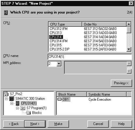 The SIMATIC Manager For the "Getting Started" sample project, select CPU 314. The example has been created in such a way that you can actually select the CPU you have been supplied with at any time.