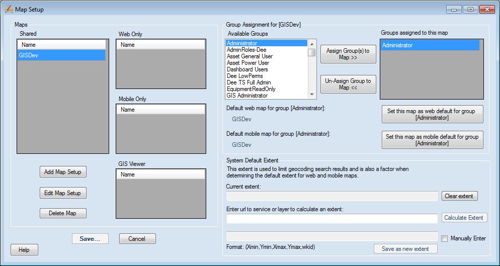 2. The following dialog will appear allowing you to add, edit or delete templates, along with assigning user groups to existing map templates and setting a system default extent.