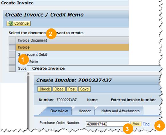 In a first screen you select the type Invoice (or in seldom cases Credit Memo ), then 2. Click Continue. You will be prompted to another screen where you 3.
