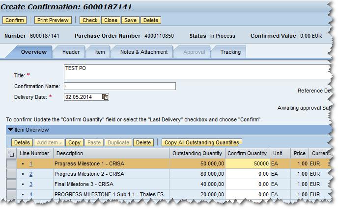 Step 4: Select the particular Milestone within the chosen Purchase Order After selection of the Purchase Order in Step 3 you now need to specify against which Milestone (= line item ) exactly you