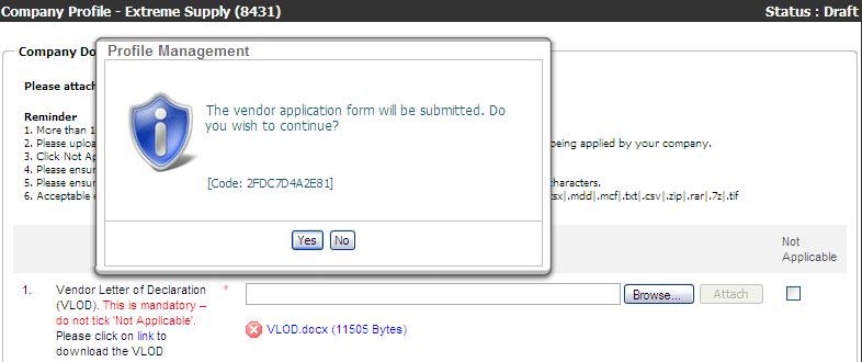 required to fill in the Supplier Declaration that follows (just a few yes/no questions). Once the supplier declaration is completed, you need to click on Submit again.