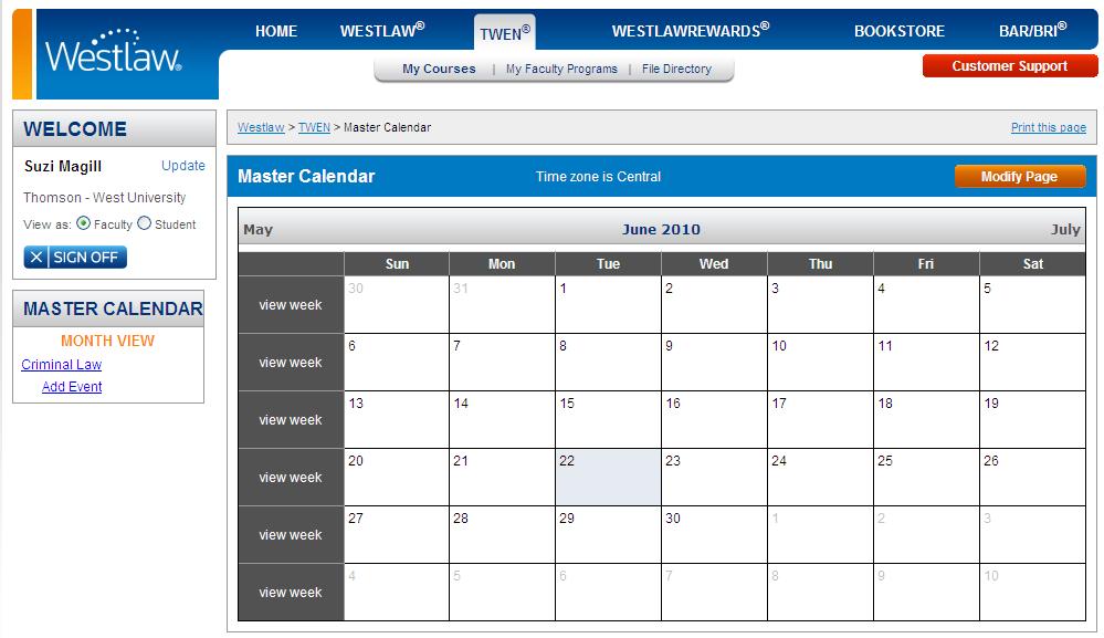My Courses page showing TWEN courses USING THE MASTER CALENDAR The master calendar displays events for all of your active courses in the current academic year.
