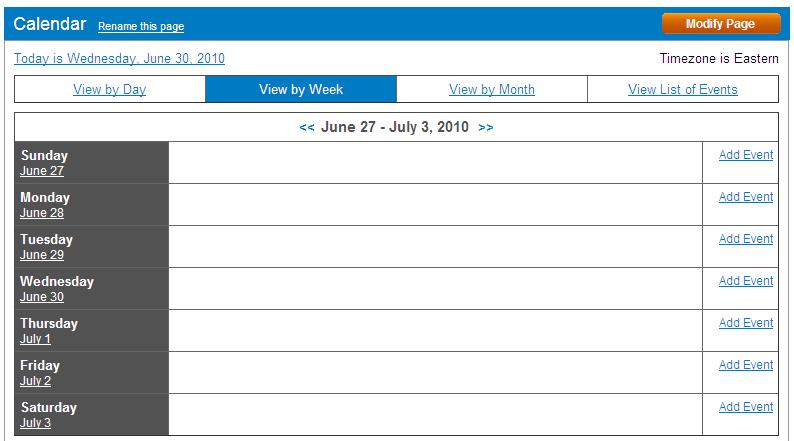 Customize your calendar by clicking a link. You can set the view to daily, weekly, or monthly. Click Add Event next to the date for which you want to create an event. Figure 3-13.