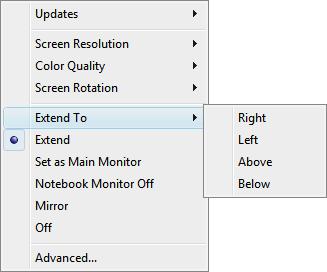 Note: Clicking Extend To allows you to select whether the extended display appears to the right of, to the left