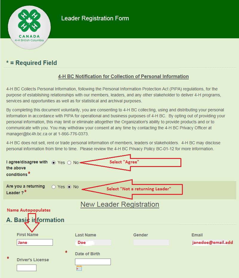 Step 5. When the New Leader registration form appears, begin filling in the appropriate fields. Your name will be pre-populated for you.