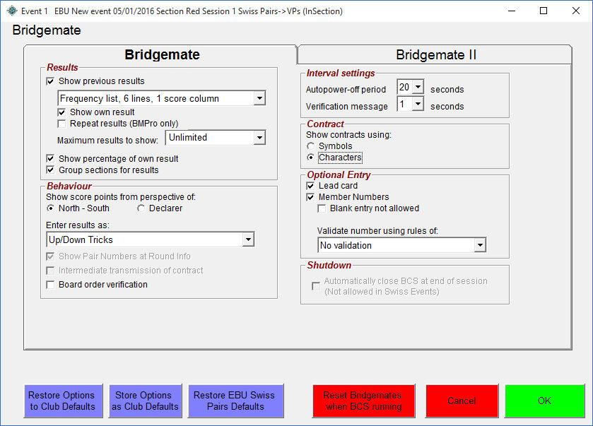 From the Bridgemate Scoring page, click on the Set BCS Options button to reach the left tab (above), and right tab (below).