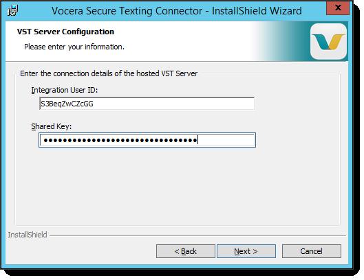 THE VOCERA VOICE SERVER INTEGRATION Organization Service User Enter the Integration User ID from the Vocera Secure Texting Administration Console.