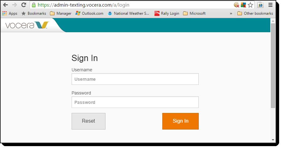 GETTING STARTED 1. Open a web browser and navigate to https://admin-texting.vocera.com/. The VST Administration Console Login page appears.