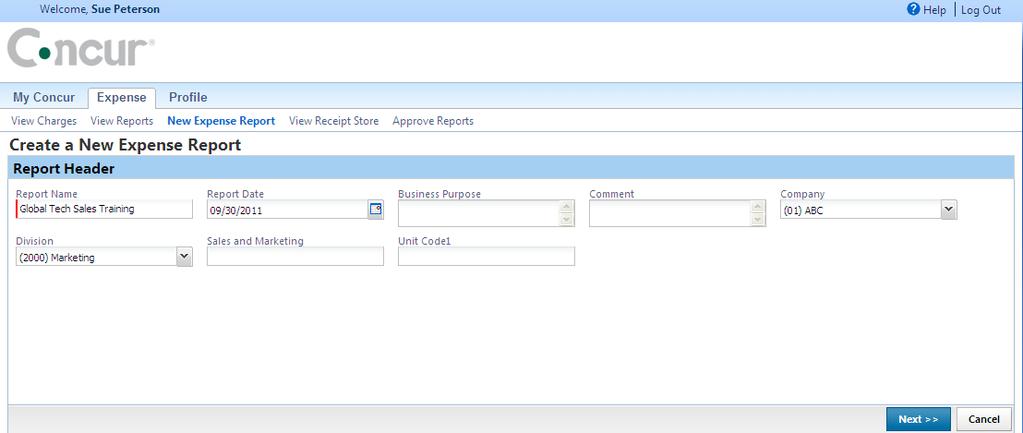Section 4: Create a New Expense Report Step 1: Create a New Report 1. In the Expense Reports section of the My Concur page, click New Expense Report. 2.