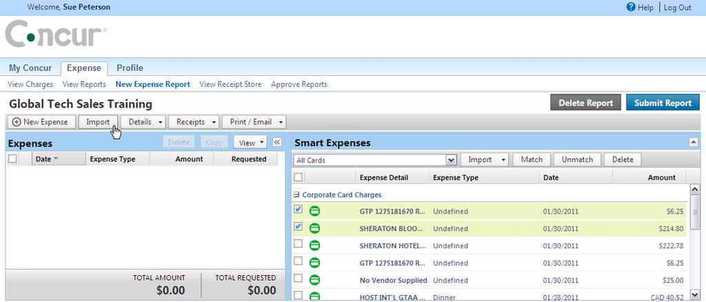 Section 4: Create a New Expense Report (Continued) Step 2: Add a Company Card Transaction to the New Expense Report Company card transactions are automatically imported into Expense for you ready to