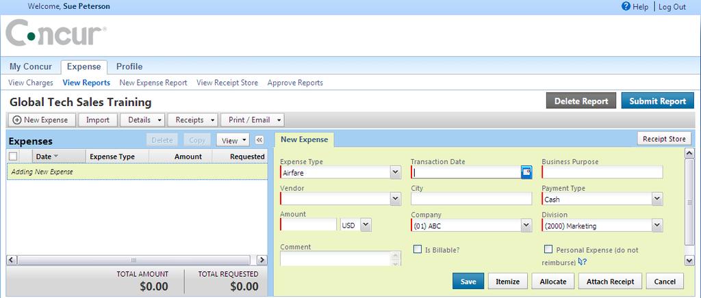 Section 4: Create a New Expense Report (Continued) Step 3: Add an