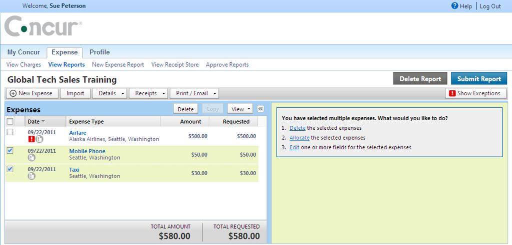 Section 5: Review and Edit an Expense Report (Continued) Step 3: Edit Multiple Expenses 1.