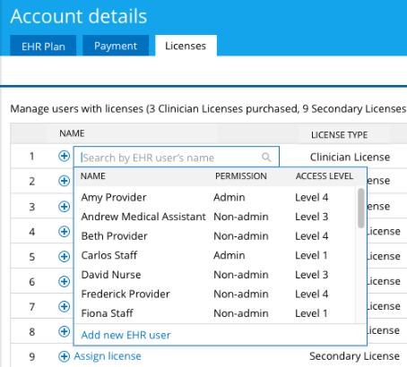 8. Assign subscription licenses to EHR users. The Account details area of the EHR is only viewable by practice administrators.