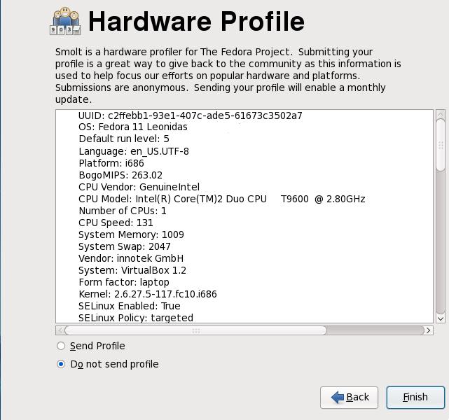 . 18. Firstboot hardware profile screen, Send Profile.,.. 25.... To learn more about Fedora, visit the Fedora Project website at http://fedoraproject.org/.