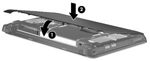 3. Rotate the front edge (1) of the vanity cover down, and then firmly press the vanity cover onto the base of the computer until it snaps into place (2). 4. Replace the battery. NOTE: guide.